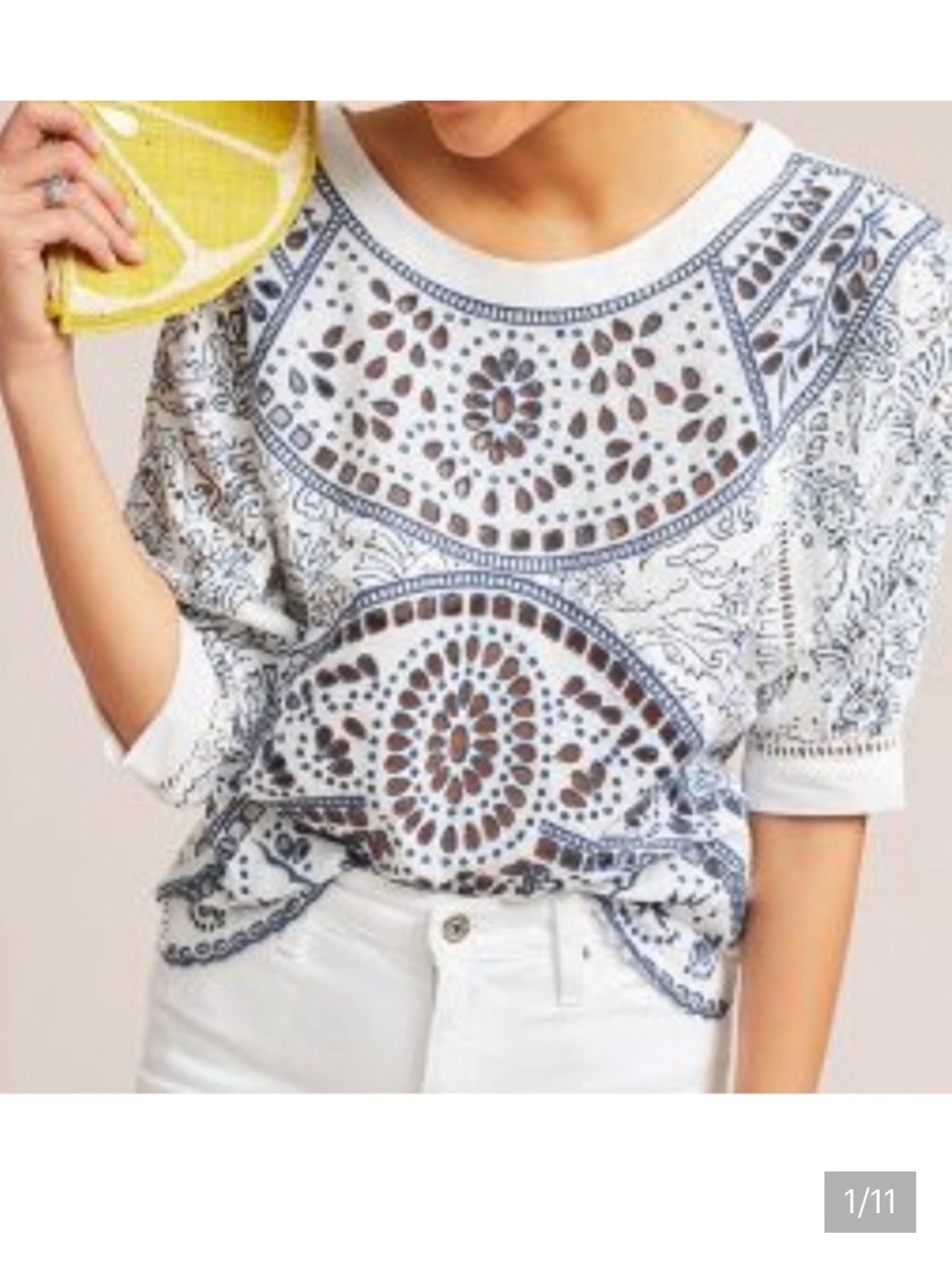 Anthropologie Maeve White Top with Navy Eyelet Cut Out Medallion Print Blouse